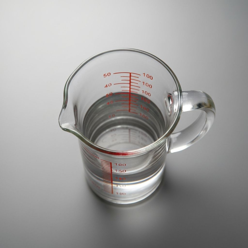 Glass measuring jug showing liquid volume at different levels